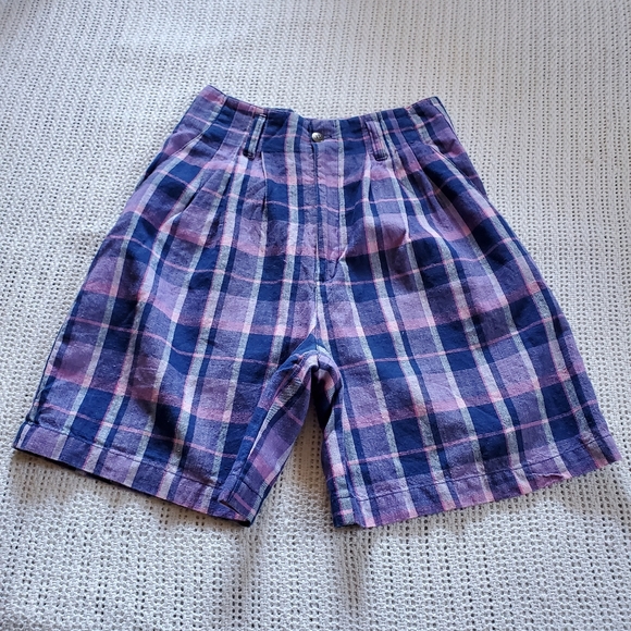 VTG 90's AJ Brandon Women's 7/8 Pink Blue Plaid Pleated High Waist Shorts 26" - Picture 1 of 11